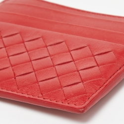 Pre Owned Bottega Veneta Red Intrecciato Leather Card Holder