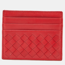 Pre Owned Bottega Veneta Red Intrecciato Leather Card Holder