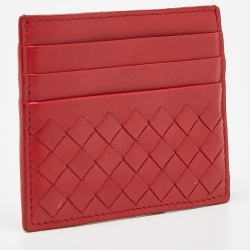 Pre Owned Bottega Veneta Red Intrecciato Leather Card Holder