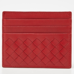 Pre Owned Bottega Veneta Red Intrecciato Leather Card Holder