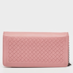 Pre Owned Bottega Veneta Light Pink Intrecciato Leather Flap Chain Clutch