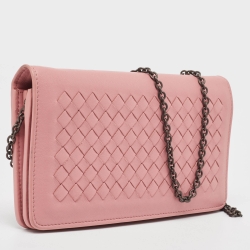 Pre Owned Bottega Veneta Light Pink Intrecciato Leather Flap Chain Clutch
