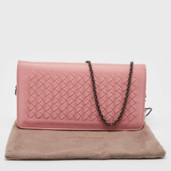 Pre Owned Bottega Veneta Light Pink Intrecciato Leather Flap Chain Clutch