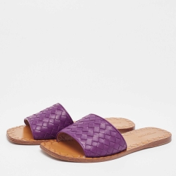 Pre Owned Bottega Veneta Purple Intrecciato Leather Flat Slides Size 38
