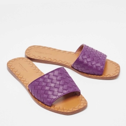 Pre Owned Bottega Veneta Purple Intrecciato Leather Flat Slides Size 38