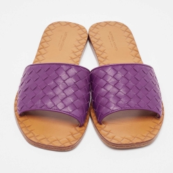 Pre Owned Bottega Veneta Purple Intrecciato Leather Flat Slides Size 38