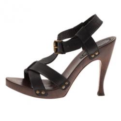 Pre Owned Bottega Veneta Black Leather Strappy Wooden Sandals Size 38