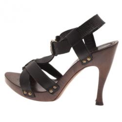 Pre Owned Bottega Veneta Black Leather Strappy Wooden Sandals Size 38