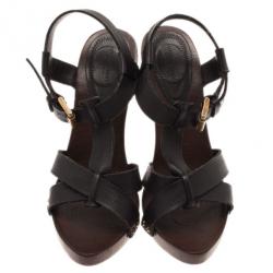Pre Owned Bottega Veneta Black Leather Strappy Wooden Sandals Size 38