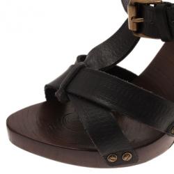 Pre Owned Bottega Veneta Black Leather Strappy Wooden Sandals Size 38