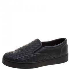 Pre Owned Bottega Veneta Black Intrecciato Leather Slip On Sneakers Size 37