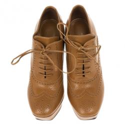 Pre Owned Bottega Veneta Brown Leather Brogue Lace Up Ankle Boots Size 36