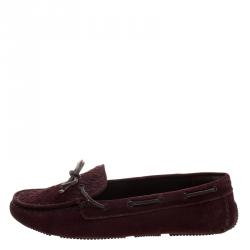Pre Owned Bottega Veneta Bordeaux Intrecciato Suede Bow Moccasins Size 39.5