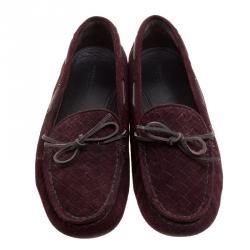 Pre Owned Bottega Veneta Bordeaux Intrecciato Suede Bow Moccasins Size 39.5