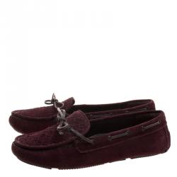 Pre Owned Bottega Veneta Bordeaux Intrecciato Suede Bow Moccasins Size 39.5