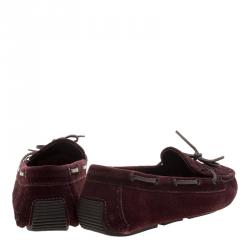 Pre Owned Bottega Veneta Bordeaux Intrecciato Suede Bow Moccasins Size 39.5