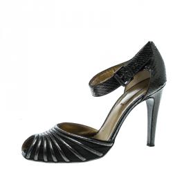 Pre Owned Bottega Veneta Metallic Grey Snakeskin Leather and Satin Ankle Strap Peep Toe Sandals Size 40.5