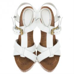 Pre Owned Bottega Veneta White Leather Strappy Wooden Sandals Size 36
