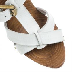 Pre Owned Bottega Veneta White Leather Strappy Wooden Sandals Size 36