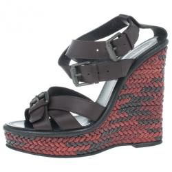 Pre Owned Bottega Veneta Maroon Leather Woven Wedge Sandals Size 37