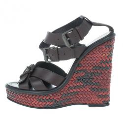 Pre Owned Bottega Veneta Maroon Leather Woven Wedge Sandals Size 37