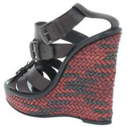 Pre Owned Bottega Veneta Maroon Leather Woven Wedge Sandals Size 37
