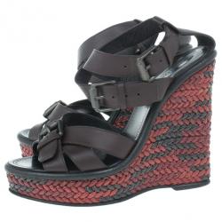 Pre Owned Bottega Veneta Maroon Leather Woven Wedge Sandals Size 37