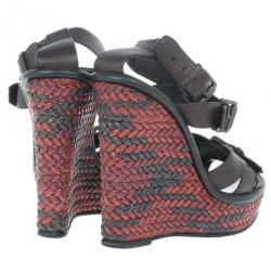 Pre Owned Bottega Veneta Maroon Leather Woven Wedge Sandals Size 37