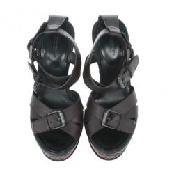 Pre Owned Bottega Veneta Maroon Leather Woven Wedge Sandals Size 37