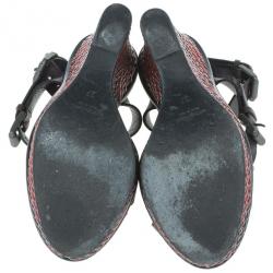 Pre Owned Bottega Veneta Maroon Leather Woven Wedge Sandals Size 37