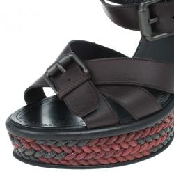 Pre Owned Bottega Veneta Maroon Leather Woven Wedge Sandals Size 37