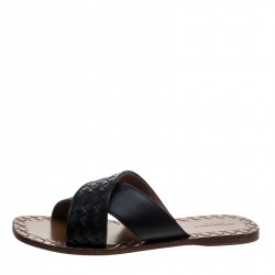 Pre Owned Bottega Veneta Black Intrecciato Leather Cross Strap Flat Slides Size 39