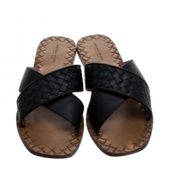 Pre Owned Bottega Veneta Black Intrecciato Leather Cross Strap Flat Slides Size 39