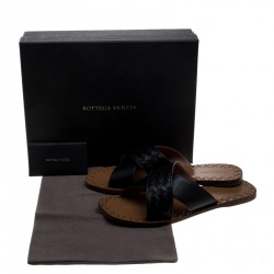 Pre Owned Bottega Veneta Black Intrecciato Leather Cross Strap Flat Slides Size 39