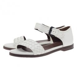 Pre Owned Bottega Veneta White Intrecciato Leather Flat Sandals Size 39