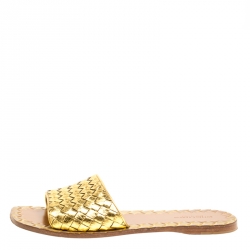 Pre Owned Bottega Veneta Metallic Gold Intrecciato Leather Flat Slides Size 38.5