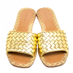 Pre Owned Bottega Veneta Metallic Gold Intrecciato Leather Flat Slides Size 38.5