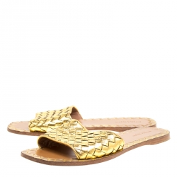 Pre Owned Bottega Veneta Metallic Gold Intrecciato Leather Flat Slides Size 38.5