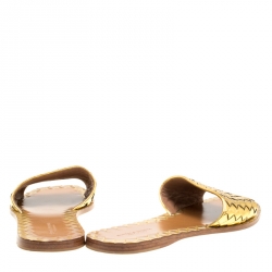 Pre Owned Bottega Veneta Metallic Gold Intrecciato Leather Flat Slides Size 38.5