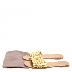 Pre Owned Bottega Veneta Metallic Gold Intrecciato Leather Flat Slides Size 38.5