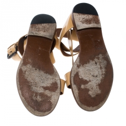 Pre Owned Bottega Veneta Beige Leather V Strap Flat Sandals Size 40