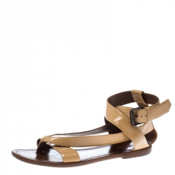 Pre Owned Bottega Veneta Beige Leather V Strap Flat Sandals Size 40