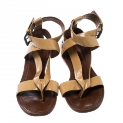 Pre Owned Bottega Veneta Beige Leather V Strap Flat Sandals Size 40