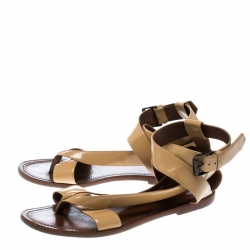 Pre Owned Bottega Veneta Beige Leather V Strap Flat Sandals Size 40