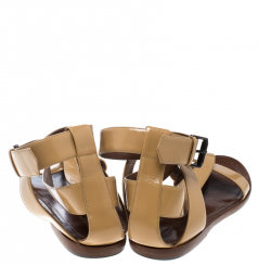 Pre Owned Bottega Veneta Beige Leather V Strap Flat Sandals Size 40