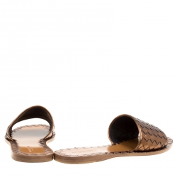 Pre Owned Bottega Veneta Metallic Bronze Intrecciato Leather Flat Slides Size 37