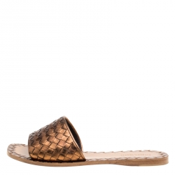 Pre Owned Bottega Veneta Metallic Bronze Intrecciato Leather Flat Slides Size 37