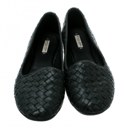 Pre Owned Bottega Veneta Grey Intrecciato Leather Ballet Flats Size 37