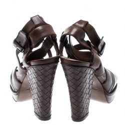 مملوكة مسبقًا Bottega Veneta Brown Leather Intrecciato Heel Strappy Platform Sandals Size 36.5