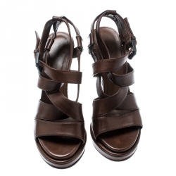 مملوكة مسبقًا Bottega Veneta Brown Leather Intrecciato Heel Strappy Platform Sandals Size 36.5
